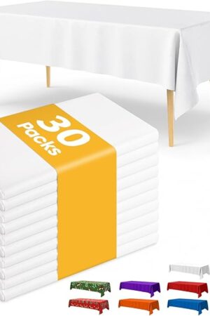White Plastic Table Cloth - 30 Pack 54" × 108" Rectangle Disposable Tablecloths for 6FT Tables, Waterproof Table Cover for Party, Holiday & Gathering Use