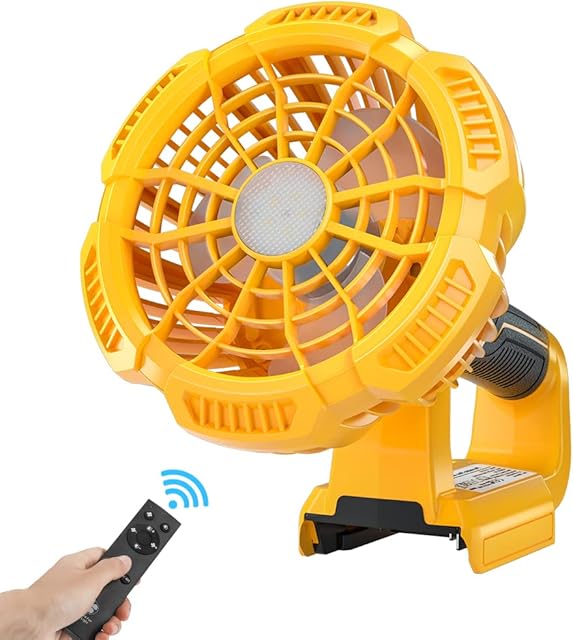 WaxPar Cordless Fan Compatible with Dewalt 20V Battery, USB Floor Fan Battery Powered Camping Fan with LED Light Portable 20V fan with Remote, 3 Wind/Brightness Modes, Timer
