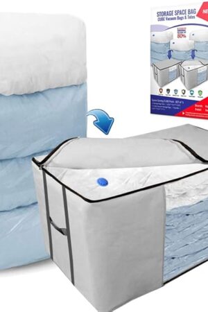 Cube Vacuum Storage Bags, Space Saver Bags, Premium Totes with Cubic Vacuum Compression Seal Bags for Clothing & Bedding. Jumbo Organizer for Storing Clothes, Comforters, Blankets, Pillows & More!