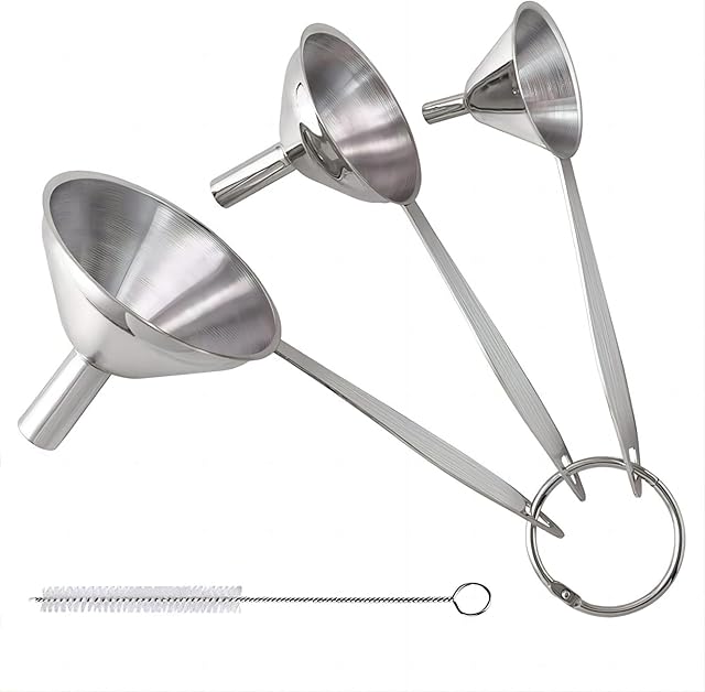 3 in 1 Metal Funnels for Filling Bottles Stainless Steel Small Kitchen Funnel Set for Transferring Essential Oils Liquid Fluid Spice Dry Ingredients Powder, Durable and Dishwash Safe