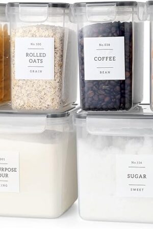 6 Pcs Airtight Flour and Sugar Containers with 132 Kitchen Pantry Labels Preprinted - Stackable Plastic Cereal Storage Canisters with Lids