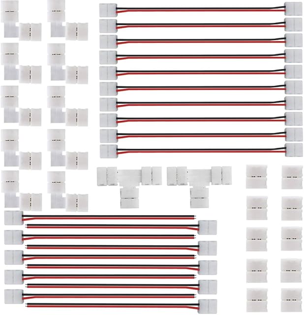 2Pin 8mm LED Strip Connector Kit Include L Shape 2 Pin Right Angle Corner Connector, T Shape Connector, Solderless Gapless Connector, Strip to Strip Jumper Wires for 2Pin 8mm 3528/2835 LED Strip