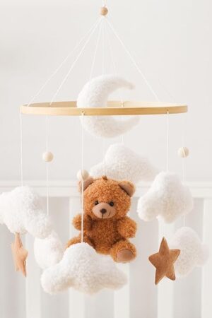 Baby Mobile for Crib Bear Cloud Crib Mobile Handmade Furry Nursery Mobile Gender Neutral Crib Toy Hanging for Nursery Decor Accessories