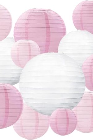 20Pcs Pink Light Pink White Paper Lanterns for Parties, 6? 8? 10? 12? Chinese Asian Hanging Round Paper Lanterns for Birthday Wedding Halloween Christmas Home Decor Party Decor