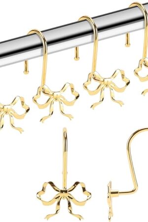 Bow Shower Curtain Hooks, 12 Pack Metal Decorative Rings, Rustproof Bow Knot Design for Bathroom Bedroom Living Room Baby Room Nursery Art Decor (Gold 2)