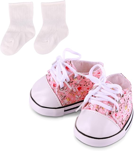 The Reborn Baby Doll Canvas Shoes and Socks, Pink Floral Upper and Lace Up Design Shoes, Low-Top Doll Canvas Sneakers for 18-22 Inch Baby Dolls