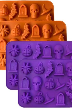 4Pcs Halloween Candy Chocolate Molds - 18-Cavity Halloween Silicone Molds Shaped with Skull Pumpkin Witch Hat Bat Spider Tombstone for Chocolate, Jelly, Ice, Baking, Gummy Dessert