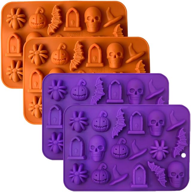 4Pcs Halloween Candy Chocolate Molds - 18-Cavity Halloween Silicone Molds Shaped with Skull Pumpkin Witch Hat Bat Spider Tombstone for Chocolate, Jelly, Ice, Baking, Gummy Dessert