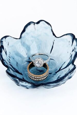 Crystal Blue Flower Ring Dish Jewelry Tray, Decorative Glass Trinket Dish, Modern Accent Tray for Vanity