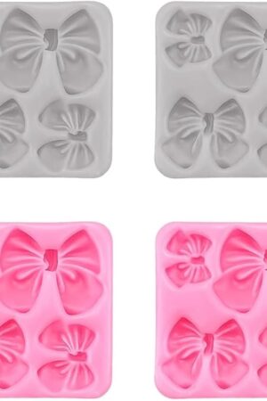 4Pcs Silicone Bow Molds for Cakes, Cupcakes, Chocolate, Candy, Sugar Craft, and Resin Crafts - Pink and Gray Bow Mold Set
