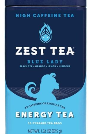 Zest Tea Premium Energy Hot Tea, High Caffeine Blend Natural & Healthy Traditional Black Coffee Substitute, Perfect for Keto, 150 mg Caffeine per Serving, Blue Lady Black Tea, Tin of 15 Sachet Bags