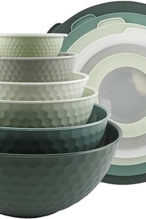 COOK WITH COLOR Mixing Bowls with Lids - 12 Piece Plastic Nesting Bowls Set includes 6 Prep Bowls and 6 Lids, Non Slip Bottom and Embossed Design - Microwave Safe (Sage)