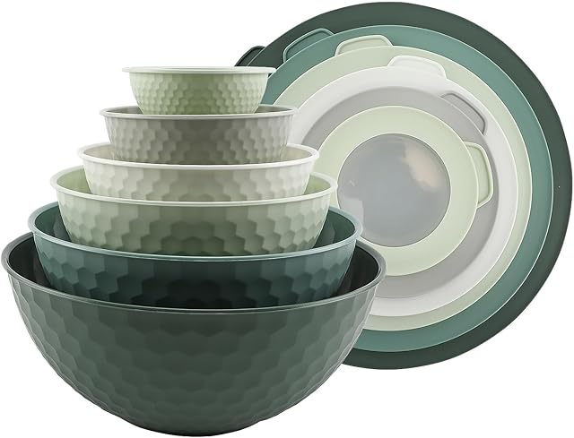 COOK WITH COLOR Mixing Bowls with Lids - 12 Piece Plastic Nesting Bowls Set includes 6 Prep Bowls and 6 Lids, Non Slip Bottom and Embossed Design - Microwave Safe (Sage)