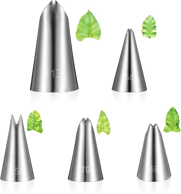 5pcs Leaf Piping Tips, Cake Decorating Tube Tips Set Leaf Shape Piping Tip for Cupcakes Stainless Steel Icing Nozzles for Pastry Fondant DIy Baking Tools Flower Nails Cake Decorating Tools
