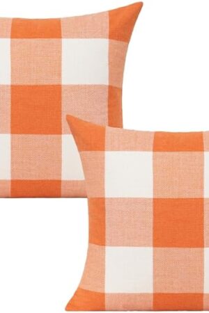 VAKADO Fall Outdoor Decor Throw Pillow Covers Orange Buffalo Plaid Thanksgiving Front Porch Farmhouse Rustic Cushion Autumn Home Decorations for Couch Sofa Living Room 18x18 Set of 2