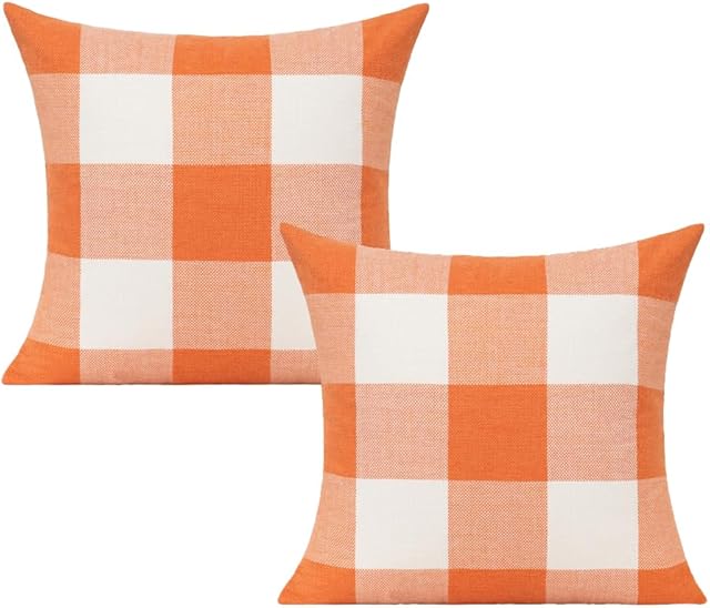 VAKADO Fall Outdoor Decor Throw Pillow Covers Orange Buffalo Plaid Thanksgiving Front Porch Farmhouse Rustic Cushion Autumn Home Decorations for Couch Sofa Living Room 18x18 Set of 2