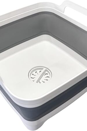 9L (2.4Gal) Dish Basin Collapsible with Drain Plug Carry Handles,Kitchen Storage Tray Dish Wash Basin, Portable Dish Tub, Foldable Dishpan for Camping,RV,Gray