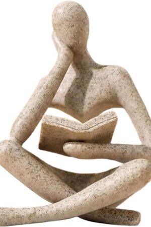 Bookshelf Decor Thinker Statue - Abstract Art Reading Thinker Sculpture Figurine Aesthetic, Modern Home Decoration for Living Room Office Shelves Coffee Table Desk Decor(Beige)