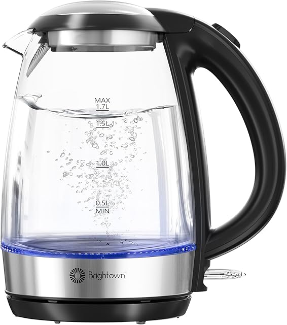 Brightown Electric Glass Kettle for Tea and Coffee, BPA-Free, Fast Boiling, Auto Shut-Off, 1.7 L, 1500W