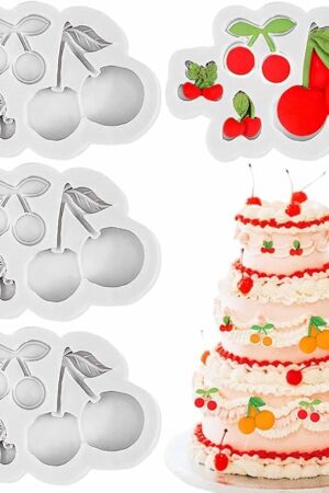 4 PCS Cherry Silicone Molds 3D Cherries Shaped Fondant Mould Cute Artificial Fruit Molds Chocolate Cake Decorating Tool for Cupcake Topper Candy Polymer Clay Gum Paste （White）