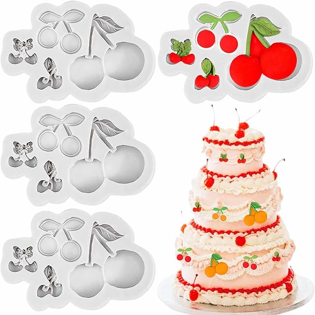 4 PCS Cherry Silicone Molds 3D Cherries Shaped Fondant Mould Cute Artificial Fruit Molds Chocolate Cake Decorating Tool for Cupcake Topper Candy Polymer Clay Gum Paste (White)