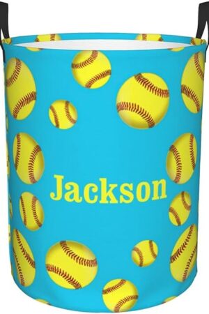 Yellow Softball on Blue Personalized Laundry Basket Name Clothes Hamper with Handles Waterproof Laundry Storage Baskets for Bedroom Bathroom Decor.