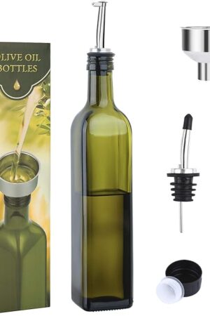 AOZITA 17oz Glass Olive Oil Bottle Dispenser - 500ml Green Oil and Vinegar Cruet with Pourers and Funnel - Olive Oil Carafe Decanter for Kitchen