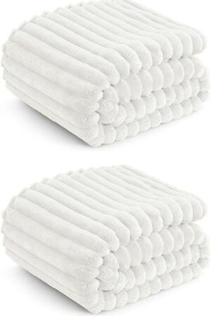 2Pcs 50"x60" Fleece Throw Blanket for Couch-350GSM Soft Cream White, Striped and Gift - Ready for Women and Men,Lightweight, Breathable and Warm, it can be Used All Year Round.