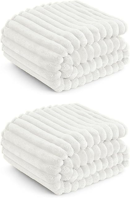 2Pcs 50"x60" Fleece Throw Blanket for Couch-350GSM Soft Cream White, Striped and Gift - Ready for Women and Men,Lightweight, Breathable and Warm, it can be Used All Year Round.