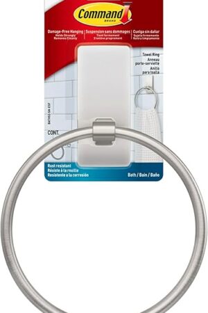 Command Hand Towel Holder Satin Nickel with Water Resistant Command Strips, Rust Resistant Bathroom Organizer, Holds up to 5 lbs, Large