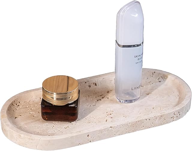 Beige Travertine Vanity Tray | Natural Stone Bathroom Organizer | Perfume & Jewelry Storage for Spa, Bedroom, Kitchen | Non-Slip Waterproof Design,11.8"x7.8"x0.6"