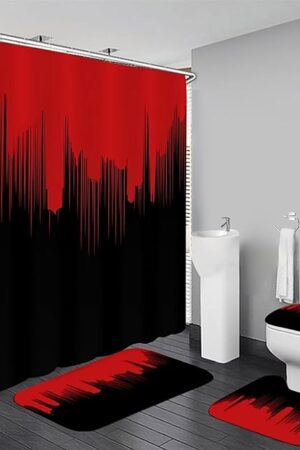 4 Pcs Red and Black Shower Curtain Sets Non-Slip Rugs Bath Mat Toilet Cover, U-Shaped Mat, Gradient Shower Curtain with 12 Hooks, Black and Red Bathroom Set