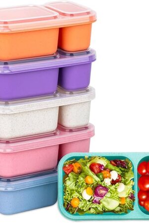 2-Compartment Reusable Snack Containers with Lids, Wheat Straw Reusable Snack Packs for Meal Prep Food Storage on-the-go snacking(6Pack)