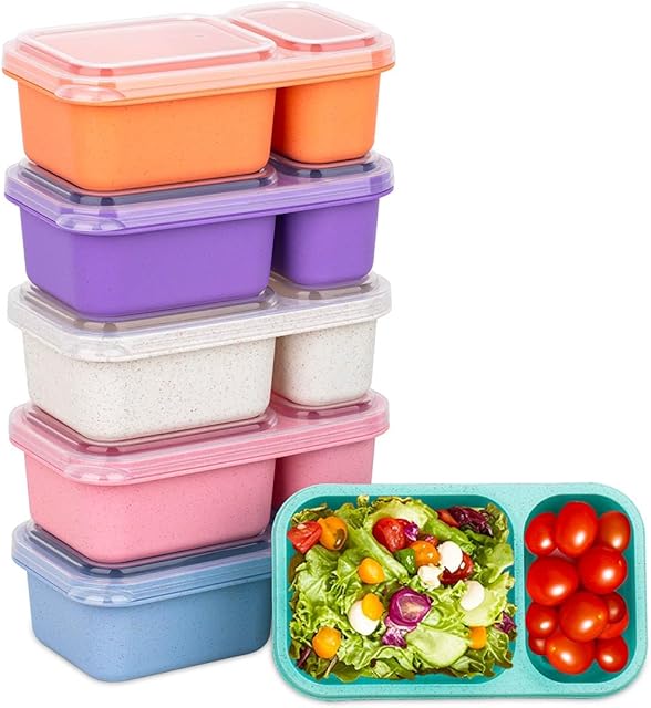 2-Compartment Reusable Snack Containers with Lids, Wheat Straw Reusable Snack Packs for Meal Prep Food Storage on-the-go snacking(6Pack)