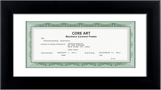 CORE ART 5x10 Business License Frame in Black, Professional Bank Check Frame 3.5x8 with Mat, High Definition Plexiglass, Wall or Tabletop Display