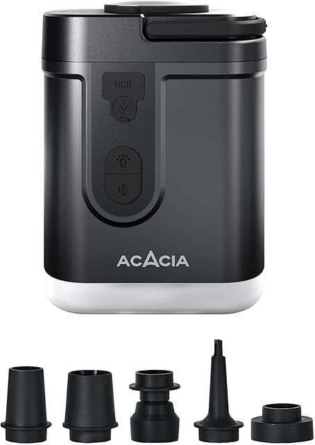 ACACIA Portable Air Pump for ACACIA Sleeping Pad, Rechargeable 4000mAh Battery Air Mattress Pump with Camping Light, Electric Air Pump for Inflatables with 5 Nozzles, Camping, Hiking, Pool, 4.8kPa