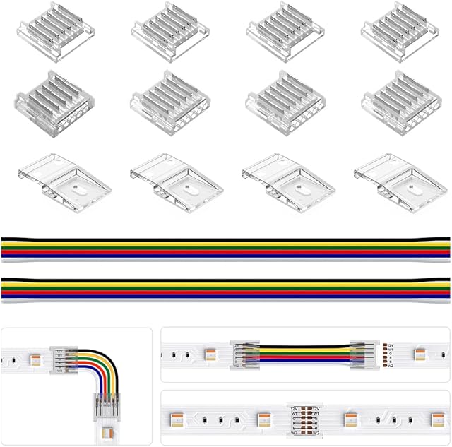 BTF-LIGHTING SMD 6 Pin 12mm 0.47in Width Transparent Connector Kit,4xGapless Solderless 8pcs Corner Connector, 4pcs 5.9in Long 22AWG Extension Wires,Support 5050 SMD RGBCCT LED Strip