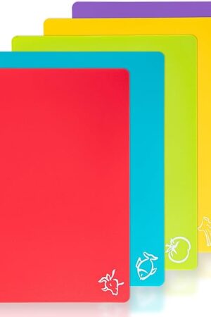 5 Pieces Flexible Plastic Cutting Board Mats with Food Icons, BPA Free Cutting Boards for Kitchen, Non Slip Cutting Mat for Meat and Vegetables (Red, Bright Yellow, Light Green, Purple, Lake Blue)