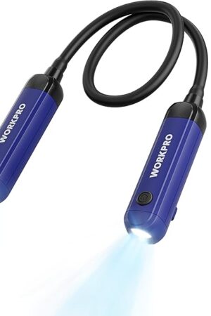 WORKPRO Rechargeable Neck Light for Hands-Free Lighting, 3 Brightness Levels 300 Lumens Neck Light, Bendable Silicone Arm, Great for Mechanics, Reading, Camping, DIY Projects, Crafting, Blue and Black
