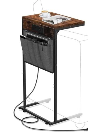 C Shaped End Table with Charging Station, Small Side Table with Storage Bag for Couch and Recliner, Slide Under Sofa Tray for Living Room, Bedroom, Rustic Brown