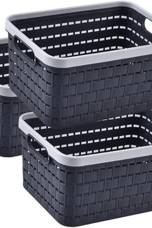 AYSUM Medium Plastic Baskets - 3 Pack Stackable Woven Organizer, 11 x 8.5 x 5 Inch, Grey - For Toys, Pantry, Kitchen, Bedroom, Bathroom