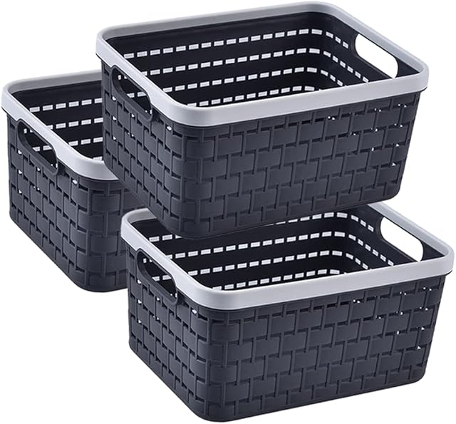 AYSUM Medium Plastic Baskets - 3 Pack Stackable Woven Organizer, 11 x 8.5 x 5 Inch, Grey - For Toys, Pantry, Kitchen, Bedroom, Bathroom