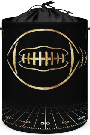 American Football Sports Game Freestanding Waterproof Laundry Basket Abstract Black Gold Football Design for Dorm Family Travel One Size