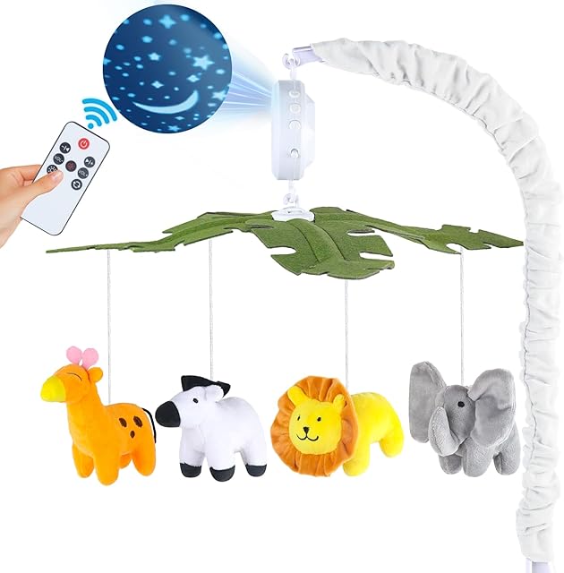 Baby Crib Mobile with Music and Lights, Mobile for Crib with Remote Control, Rotation, Starlight Projection, Crib Toys for Babies Boys Girls(Green)