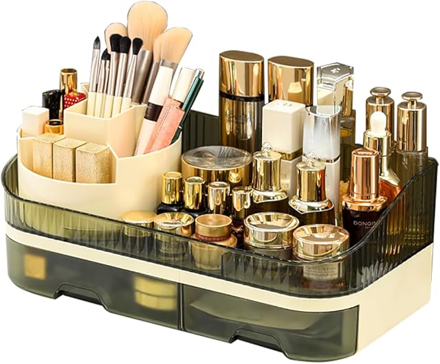 Makeup Organizer Countertop - Dual Drawer Cosmetic Storage with Spacious Compartments for Vanity, Holds 20 Brushes, 12 Lipsticks, 10 Skincare Bottles, Chic Modern Design
