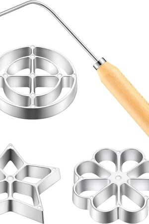 Achappam Mold Bunuelos Mold with Handle Rosette Maker Rosette Cookie Bunuelos Tool Aluminium Cast Waffle Molds Set with 3 Interchangeable Heads Star Flower Circle for Kitchen Baking Cooking Housewares