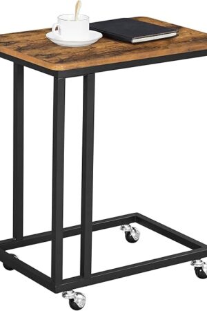 VASAGLE End Table, C Shaped TV Tray with Metal Frame Rolling Casters, Industrial Side Table for Living Room Bedroom, 19.7 x 13.8 x 23.6 Inches, Rustic Brown and Black