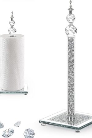 Crystal Paper Towel Holder, Bling Silver Paper Towel Roll Holder, Decorative Standing Paper Towel Holder for Kitchen Countertops Bathroom, Paper Towel Dispenser with Weighted Base (Square/Silver)