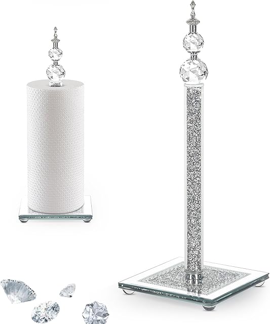 Crystal Paper Towel Holder, Bling Silver Paper Towel Roll Holder, Decorative Standing Paper Towel Holder for Kitchen Countertops Bathroom, Paper Towel Dispenser with Weighted Base (Square/Silver)