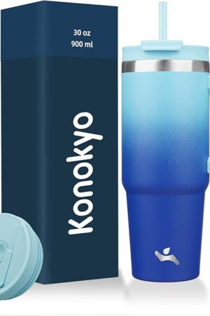 30 oz Tumbler with Handle, 2 Straws & 2-in-1 Lid, Sky | Travel Coffee Mug | Insulated Water Bottle | Stainless Steel
